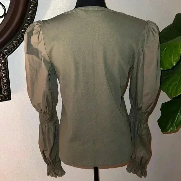 Veronica Beard Fawn Puff-Sleeve Top in Moss Green Crewneck NWOT Size Large